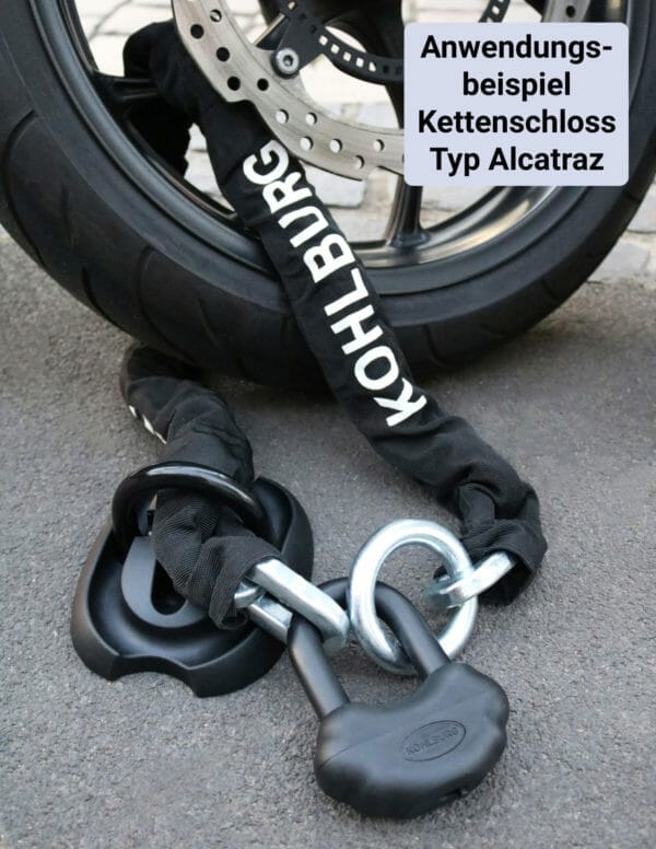 Der KOHLBURG Sicherheits-Bodenanker "London" sichert ein Motorradrad; ein deutscher Text beschreibt dieses Bodenankerschloss-Modell.
