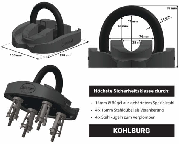 Schema des Sicherheits-Bodenankers "London" mit hervorgehobenen Abmessungen und Merkmalen im deutschen Text.
