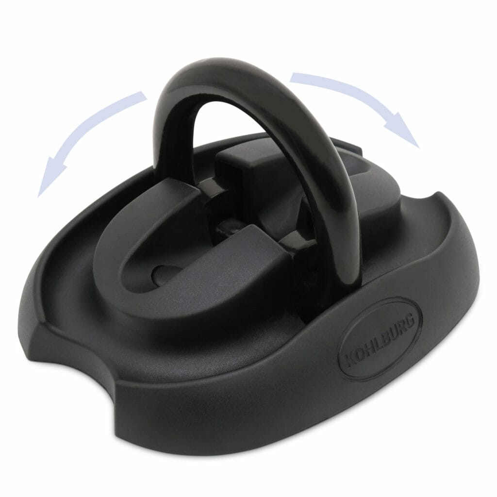 Der Sicherheits-Bodenanker "London" ist ein schwarzes mechanisches Schloss mit einem drehbaren U-förmigen Bügel, dessen Pfeile die Bewegung anzeigen.