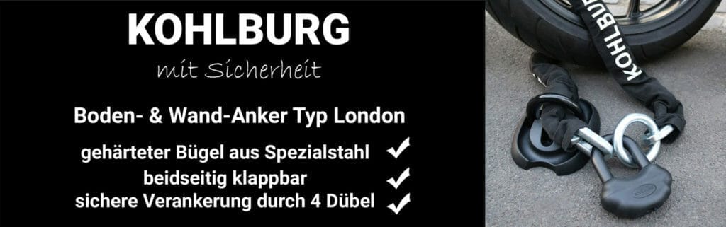Sicherheits-Bodenanker "London" mit Kette und Schloss neben einem Fahrradreifen; Produktinfos auf Deutsch.