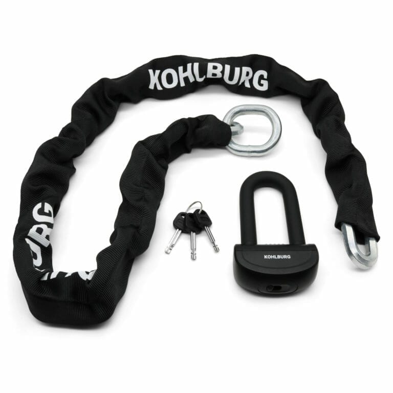 Schwarzes KOHLBURG Kettenschloss mit Schlüsseln und einem Bügelschloss, dargestellt auf weißem Hintergrund.