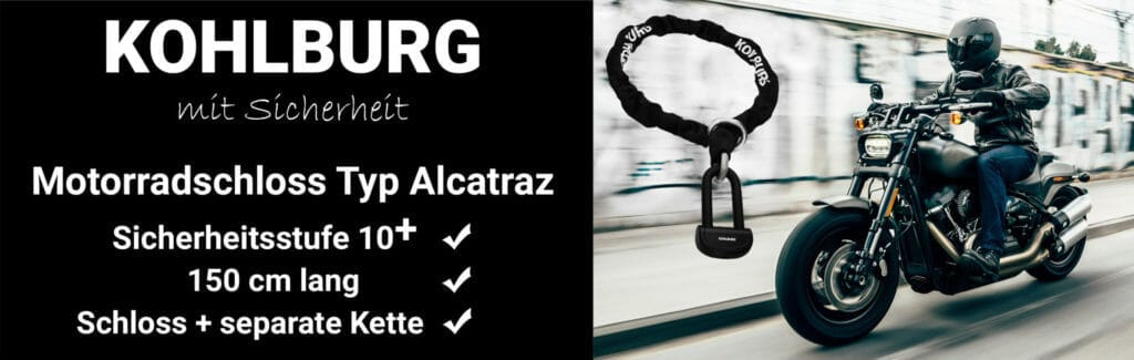 Anzeige für das Kohlburg Alcatraz Motorradschloss mit Funktionen; rechts ein Motorradfahrer auf einem Motorrad.