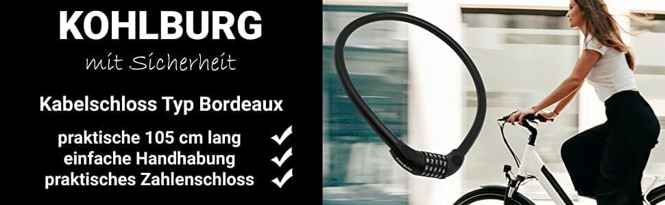 Eine Frau fährt mit dem Fahrrad; links ist das Langes massives Kabelschloss mit Zahlenkombination "Bordeaux" und seine Produktdetails abgebildet.