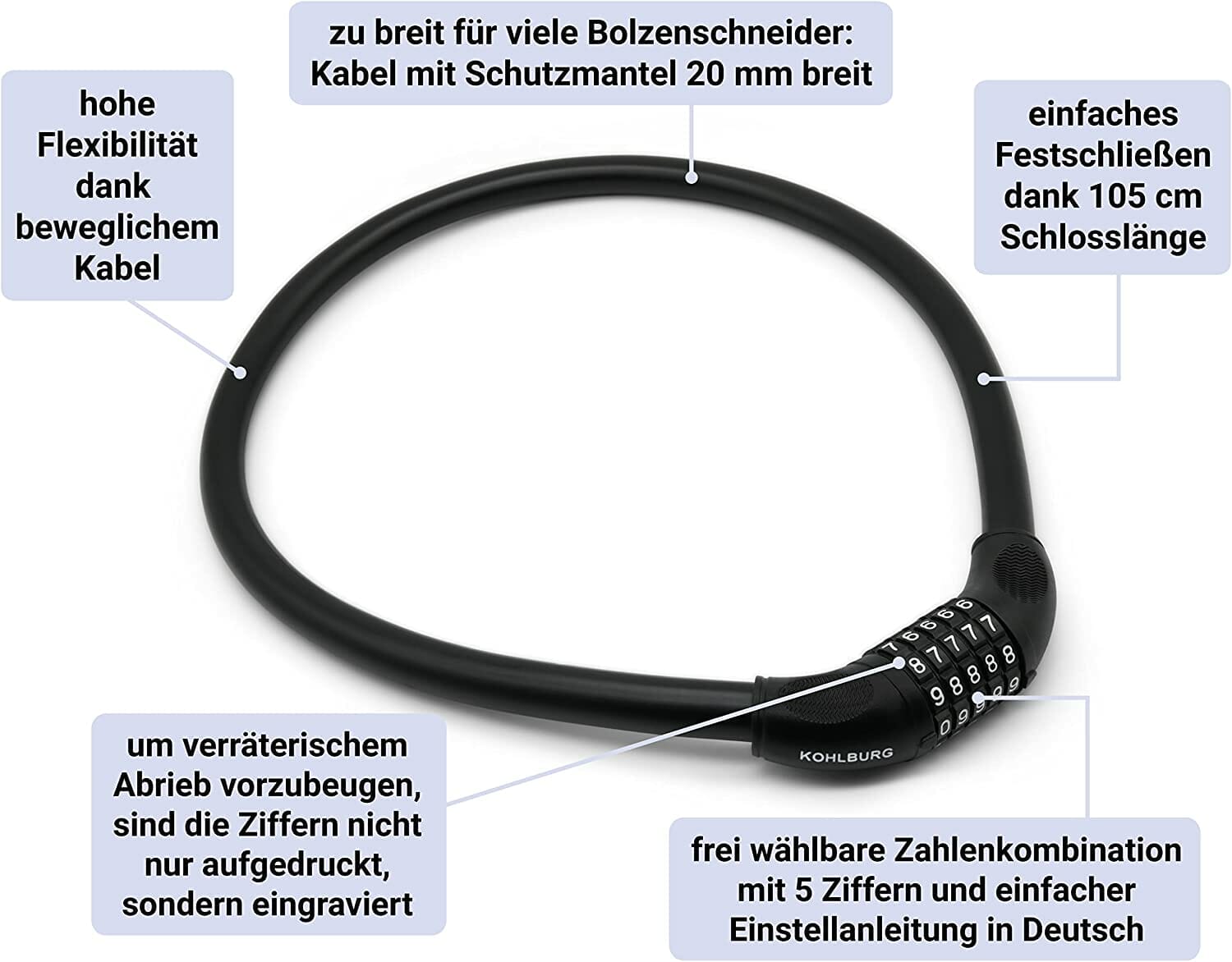 Langes massives Kabelschloss "Bordeaux" mit Zahlenkombination, flexibler Handhabung und widerstandsfähigem Kabel für sicheren Diebstahlschutz.