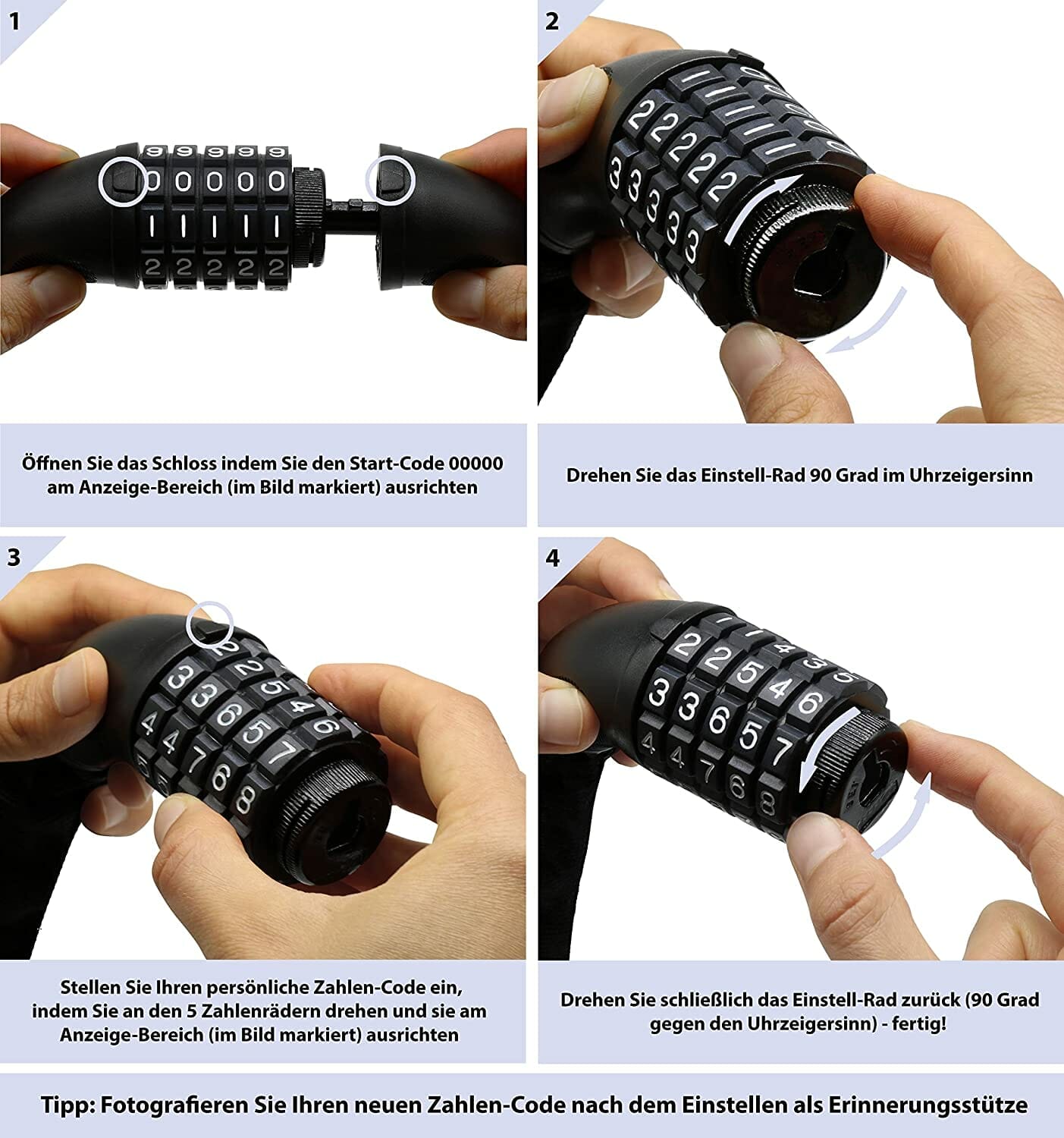 Anleitung in vier Schritten zum Einstellen der Kombination am Langes massives Kabelschloss mit Zahlenkombination "Bordeaux" mit Hilfe von drehbaren nummerierten Zifferblättern und einem Rückstellring.