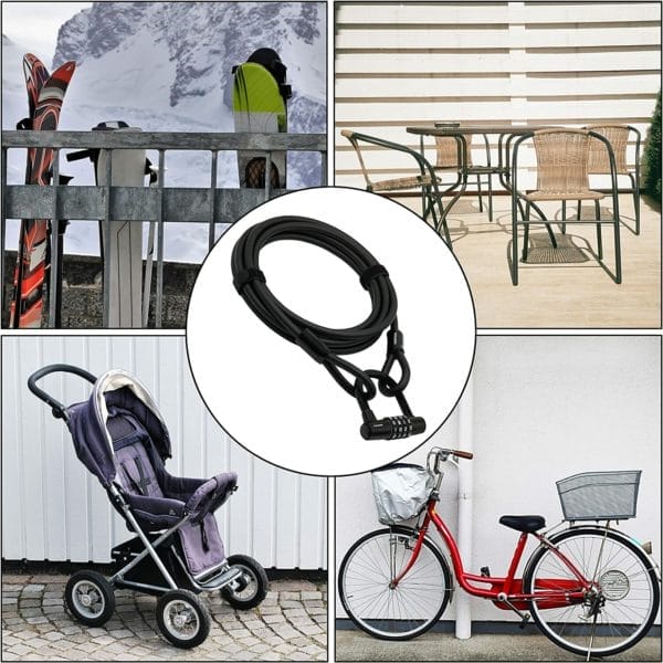 Das Kabelschloss "Sparta" - Stahlseil & Zahlenschloss ist ein schwarzes Kombinationskabelschloss, das mit Skiern, Gartenstühlen, einem Kinderwagen und einem roten Fahrrad gezeigt wird.