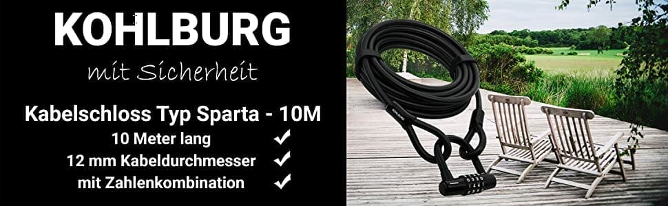 Ein Kabelschloss "Sparta" - Stahlseil & Zahlenschloss und zwei Liegestühle sitzen auf einer Holzterrasse mit Blick auf eine grüne Landschaft, mit Produktangaben.