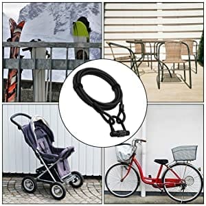 Collage mit Skiern, Terrassenmöbeln, Kinderwagen und Fahrrad mit dem Kabelschloss "Sparta" - Stahlseil & Zahlenschloss in der Mitte.