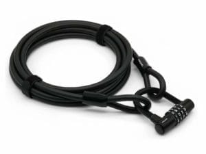 Das Kabelschloss "Sparta" ist ein schwarzes Stahlseil mit Zahlenschloss und Schlaufenenden für den sicheren Schutz.