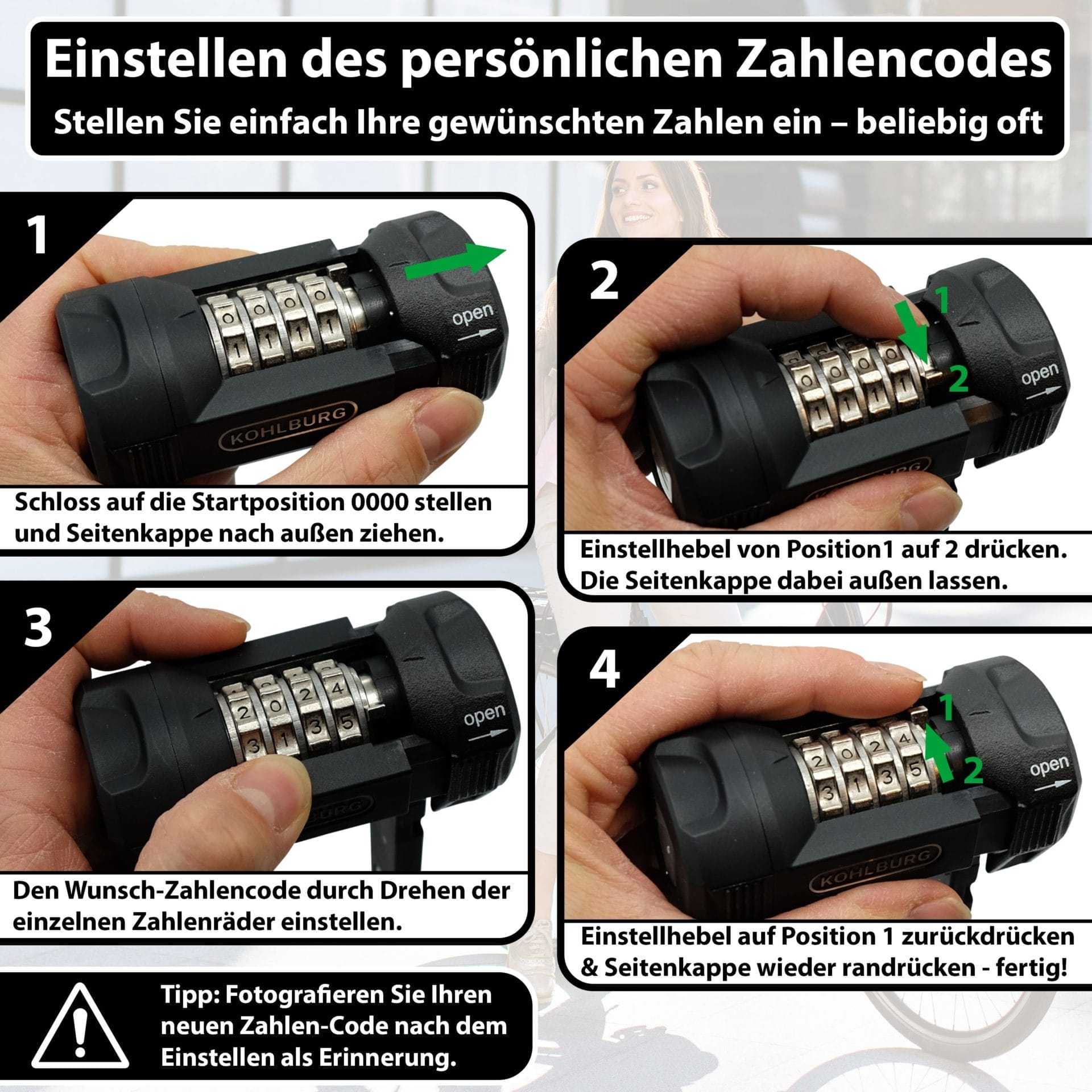 Hands demonstriert in vier illustrierten Schritten, wie man einen persönlichen Code auf dem Langes Premium Zahlen-Faltschloss "Florenz" einstellt.