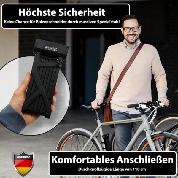 Ein lächelnder Mann schließt sein Fahrrad mit dem Langes Premium Schlüssel-Faltschloss "Rom", einem schwarzen Faltschloss, ab; der deutsche Text hebt die wichtigsten Sicherheitsmerkmale hervor.