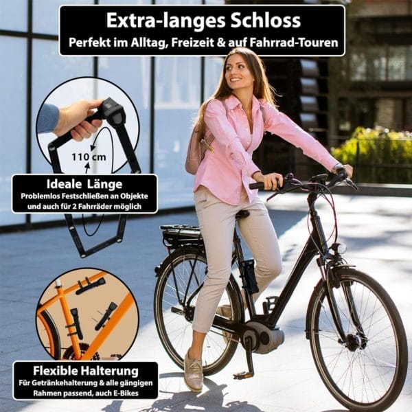 Eine Frau in einem rosafarbenen Hemd fährt mit einem Fahrrad, auf dem das Langes Premium Schlüssel-Faltschloss "Rom" abgebildet ist - ein langes, flexibles Fahrradschloss und seine herausragenden Eigenschaften.