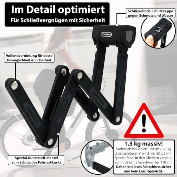Langes Premium Schlüssel-Faltschloss "Rom" in Schwarz mit umfangreichen Sicherheitsfeatures vor unscharfem Radfahrer im Hintergrund.