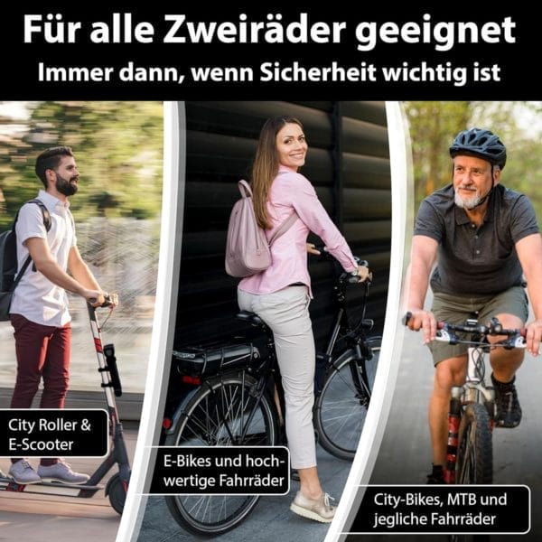 Drei Fahrer - einer auf einem Roller, einer auf einem E-Bike und einer auf einem Fahrrad - tragen alle Helme nach deutschem Sicherheitsstandard. Sie nutzen das Langes Premium Schlüssel-Faltschloss "Rom" für höchste Sicherheit.