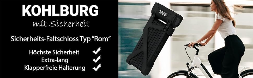 Anzeige für Langes Premium Schlüssel-Faltschloss "Rom": Frau auf dem Fahrrad, links das Produktbild und die wichtigsten Sicherheitsmerkmale.