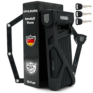 Schwarzes Klappradschloss mit Schlüsseln, aufrecht in der Verpackung mit der Aufschrift "Langes Premium Schlüssel-Faltschloss Rom".