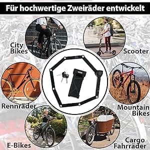 Collage aus verschiedenen Fahrrädern und einem Roller, in der Mitte das Langes Premium Schlüssel-Faltschloss "Rom" mit Schlüssel, oben deutscher Text.