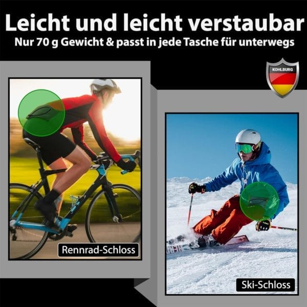 Radfahrer und Skifahrer mit dem Extrem leichtes Zahlenschloss "Valencia"; der Text hebt seine leichten, kompakten und einfach zu transportierenden Eigenschaften hervor.