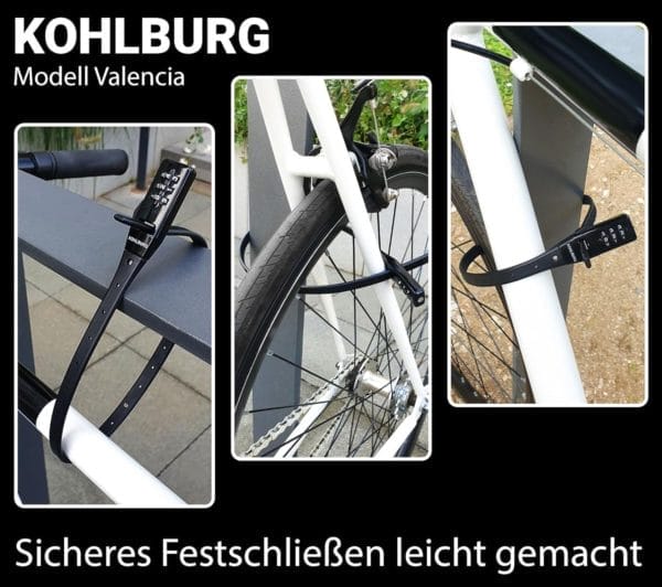 Drei Bilder zeigen ein weißes Fahrrad, das mit dem Kohlburg "Valencia" extrem leichtes Zahlenschloss gesichert ist.