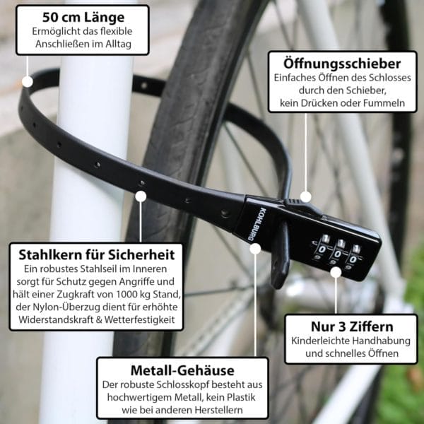 Das Extrem leichtes Zahlenschloss "Valencia" sichert ein Fahrrad an einem Pfosten; die Beschriftung hebt sein geringes Gewicht, seine Länge und seine Robustheit hervor.