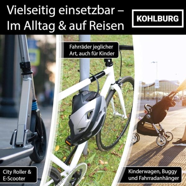 Das extrem leichte Zahlenschloss "Valencia" ist auf dem City-Scooter, Fahrrad und Kinderwagen zu sehen - ideal für vielseitigen Einsatz im Alltag.