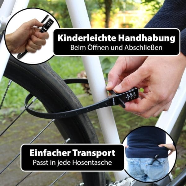 Eine Person sichert ihr Fahrrad mit dem extrem leichten Zahlenschloss "Valencia" und unterstreicht damit die einfache Handhabung und die praktische Tragbarkeit im Taschenformat.