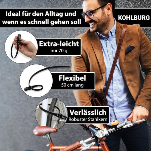 Ein lächelnder Mann schließt sein Fahrrad mit dem extra leichten, flexiblen und zuverlässigen Extrem leichtes Zahlenschloss "Valencia" von Kohlburg ab.
