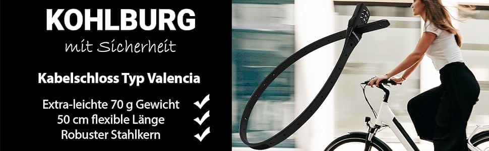 Frau auf dem Fahrrad; auf der linken Seite ist das extrem leichte Zahlenschloss "Valencia" von Kohlburg mit Produktangaben in deutscher Sprache abgebildet.