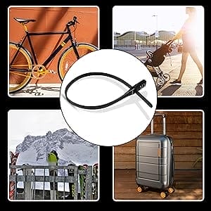 Das extrem leichte Zahlenschloss "Valencia" ist abgebildet, mit Fahrrad, Kinderwagen, Koffer und Skifahrer im Hintergrund.