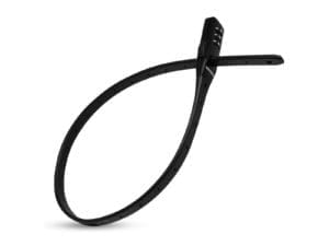 Das Extrem leichtes Zahlenschloss "Valencia" ist ein flexibles schwarzes Zahlenschloss in Form eines Kabelbinders mit Löchern in Längsrichtung.