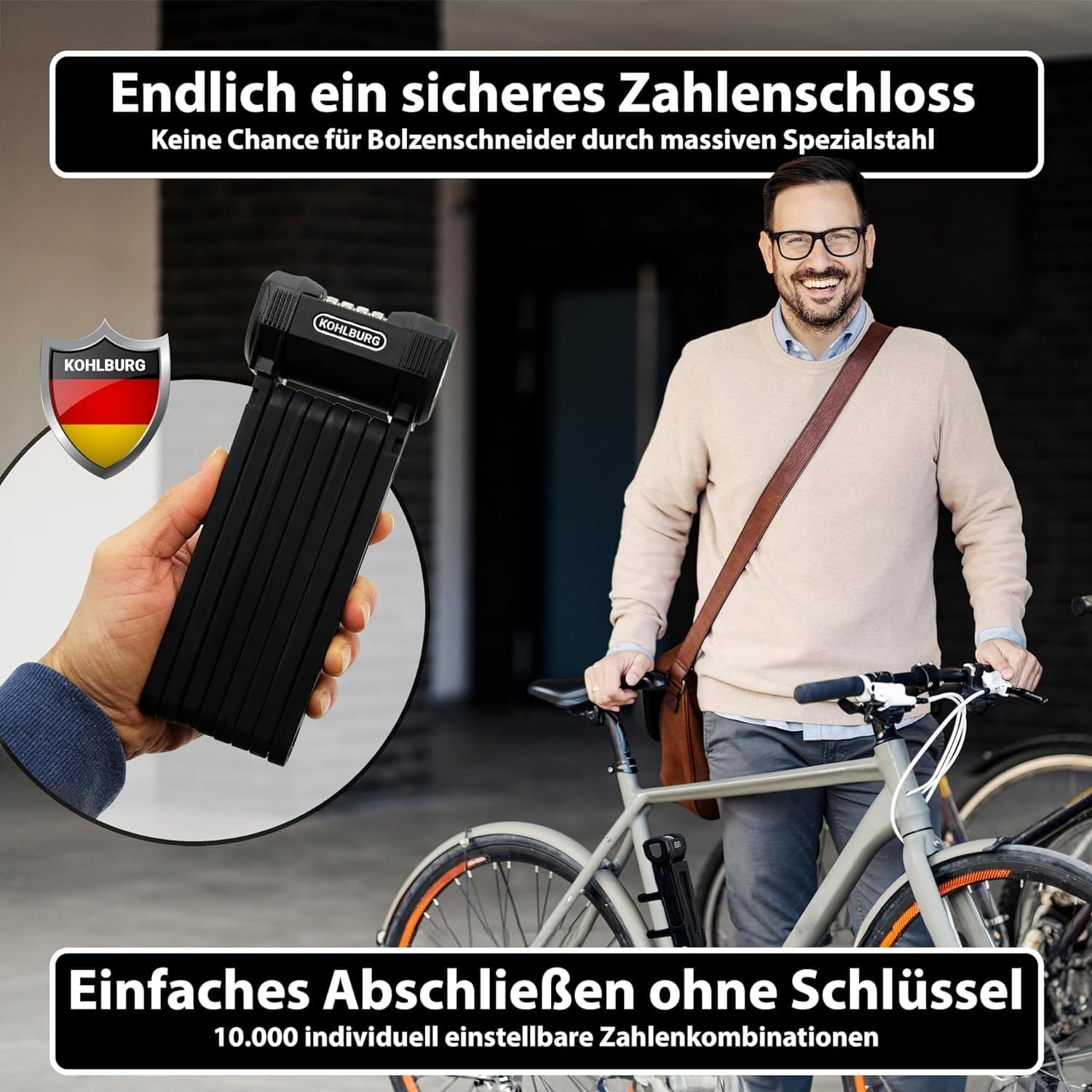 Mann mit Fahrrad lächelt, hält das Langes Premium Zahlen-Faltschloss "Florenz"; der Text wirbt auf Deutsch für ein sicheres, schlüsselloses Kombinations-Bike-Schloss.