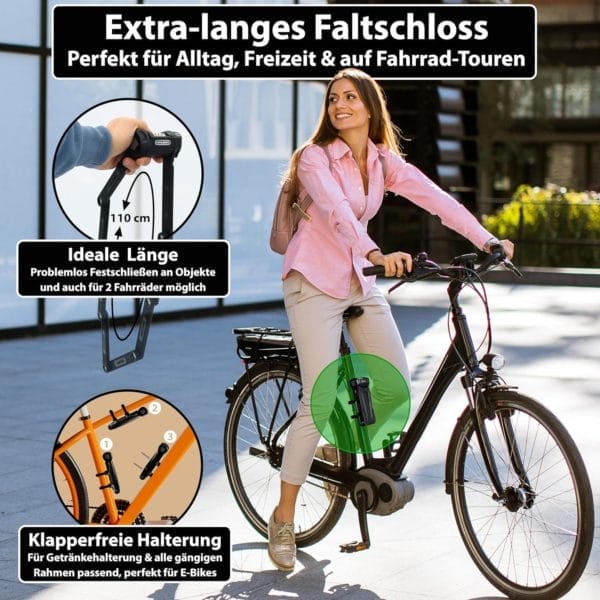 Frau im pinken Shirt fährt Fahrrad, im Fokus das lange Premium Zahlen-Faltschloss "Florenz" mit seinen wichtigsten Merkmalen im deutschen Text.
