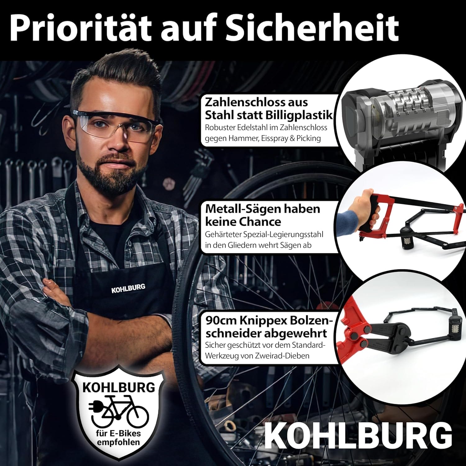 Ein Mann mit Schutzbrille steht neben einem Fahrrad, das mit dem Langes Premium Zahlen-Faltschloss "Florenz" gesichert ist; Nahaufnahmen zeigen dessen Widerstandsfähigkeit gegen Metallsägen und Bolzenschneider.