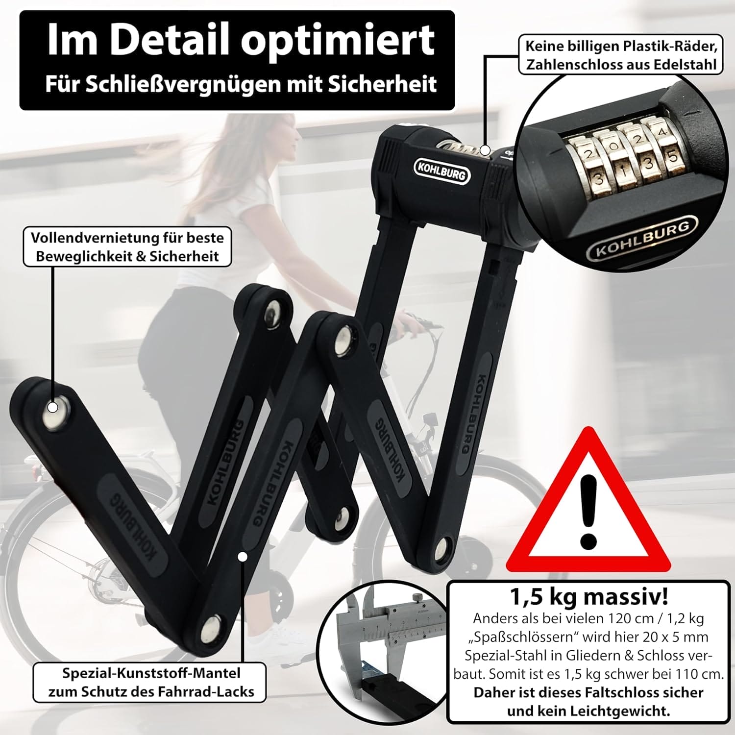 Das Langes Premium Zahlen-Faltschloss "Florenz", ein schwarzes Falt-Zahlenschloss für Fahrräder, wird mit Sicherheitsmerkmalen und einem Radfahrer im Hintergrund gezeigt.