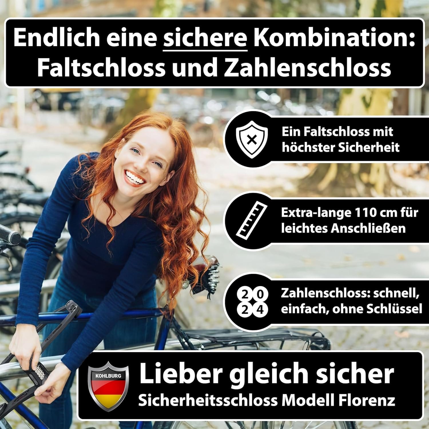 Eine lächelnde Frau sichert ihr Fahrrad mit dem Langes Premium Zahlen-Faltschloss "Florenz"; der fettgedruckte Text hebt dieses sichere Zahlen-Fahrradschloss hervor.