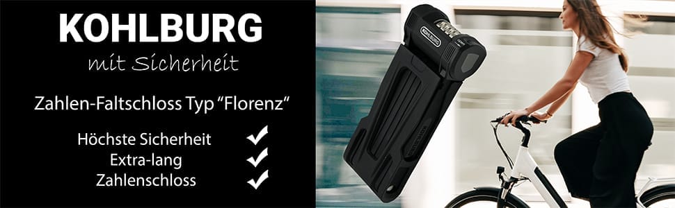 Kohlburg-Anzeige: Frau fährt Fahrrad, Langes Premium Zahlen-Faltschloss "Florenz" abgebildet. Der Text hebt die Sicherheit, die Überlänge und das Zahlenschloss für zusätzlichen Komfort hervor.