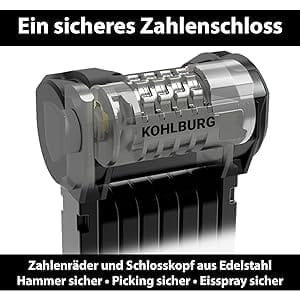 Transparentes Zahlenschloss mit der Bezeichnung "Langes Premium Zahlen-Faltschloss 'Florenz'" mit Etikett "KOHLBURG" und deutschem Text, der die Sicherheitsmerkmale hervorhebt.