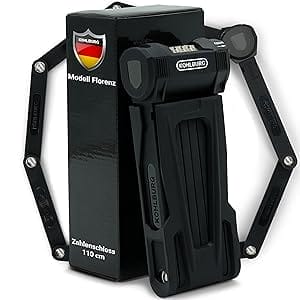 Schwarzes Faltfahrradschloss mit Box, beschriftet mit "Langes Premium Zahlen-Faltschloss Florenz", 110 cm lang.