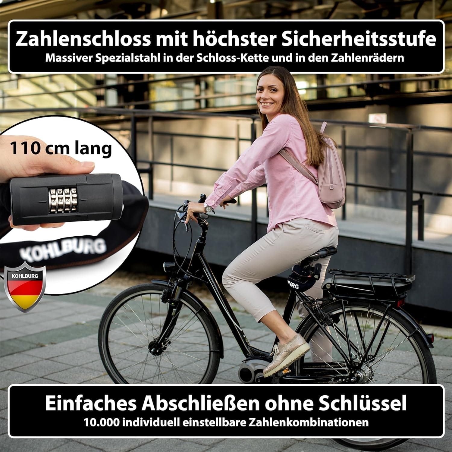 Eine Frau sitzt auf einem schwarzen Fahrrad, das mit dem massiven 110cm Zahlenschloss mit höchster Sicherheit "Göteborg" gesichert ist, neben einem deutschen Text über dieses Hochsicherheits-Kombinationsschloss.