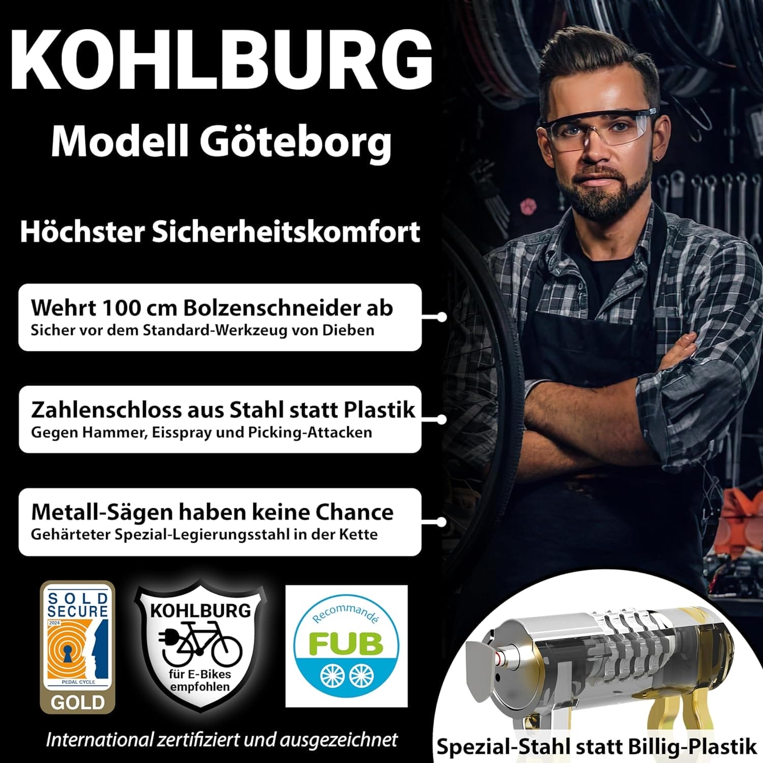 Ein Mann mit Schutzbrille posiert neben dem Massives 110cm Zahlenschloss mit höchster Sicherheit "Göteborg" und hebt dessen Top-Sicherheitsmerkmale und Zertifizierungen hervor.