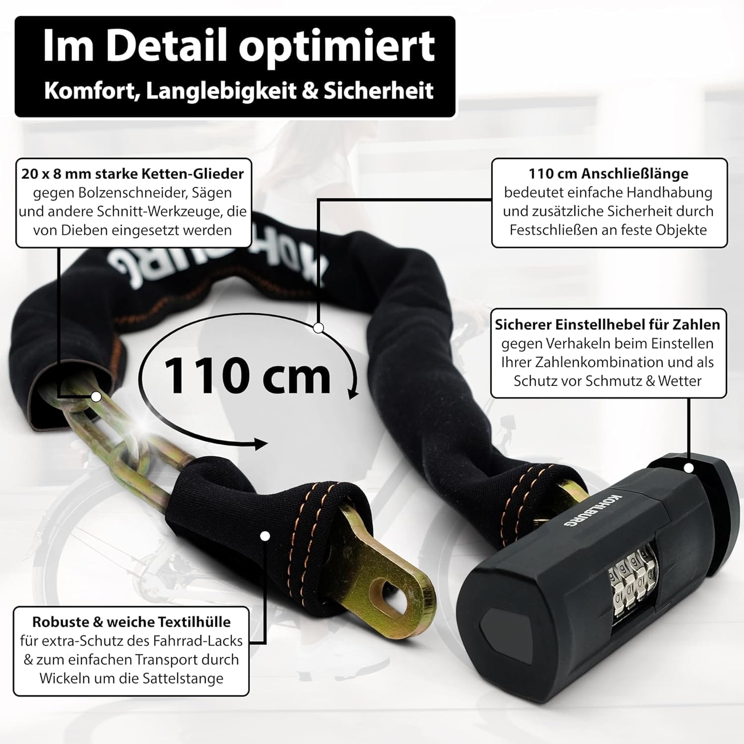 Ein schwarzes 110 cm langes Fahrradschloss namens "Göteborg" mit Ziffernblättern, dicker Kette und höchster Sicherheit. Der deutsche Text beschreibt die Eigenschaften: Massives 110cm Zahlenschloss mit höchster Sicherheit.