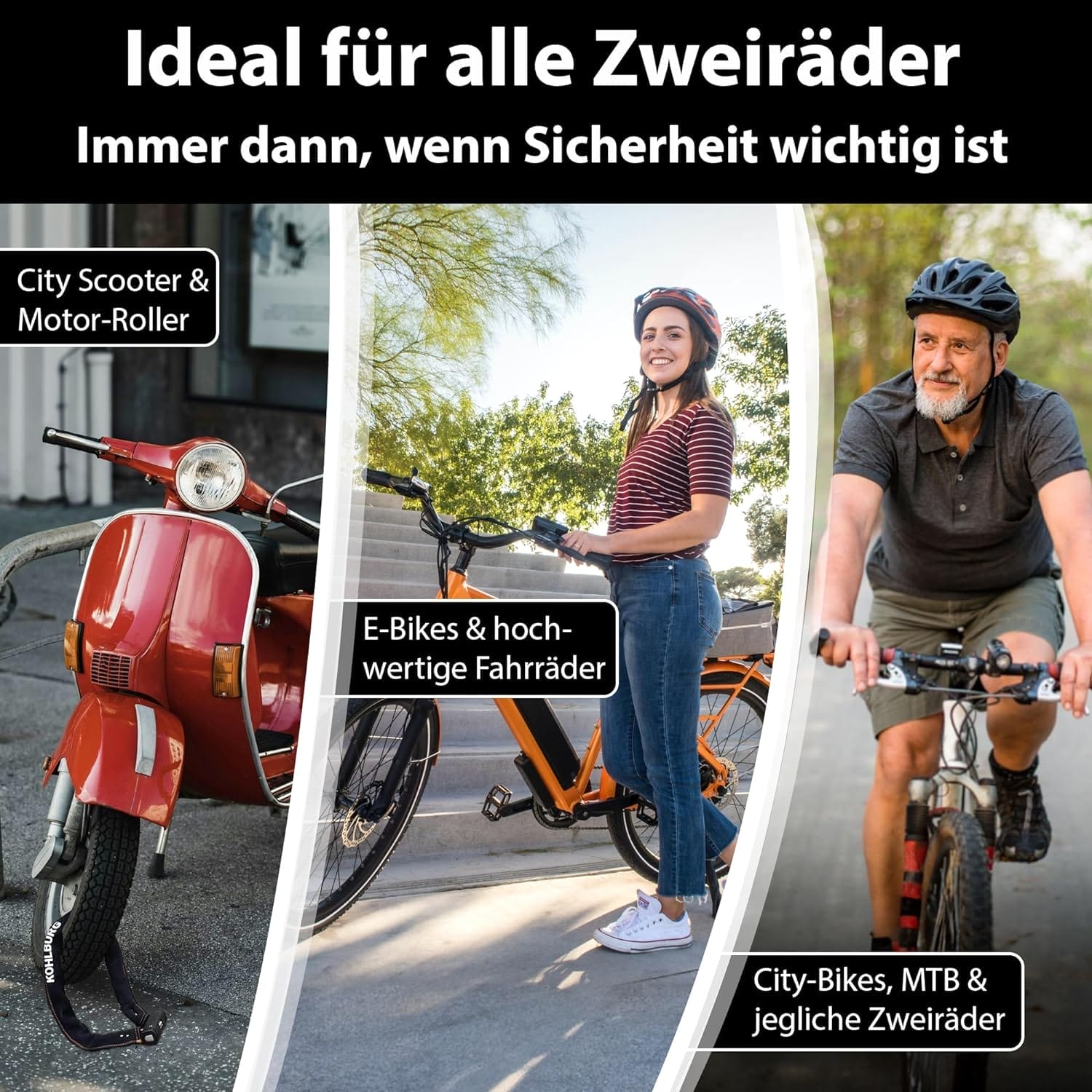Drei Bilder: ein roter Roller, eine Frau mit einem E-Bike und ein Mann mit einem Stadtrad, die alle das Massive 110cm Zahlenschloss "Göteborg" für höchste Sicherheit nutzen.
