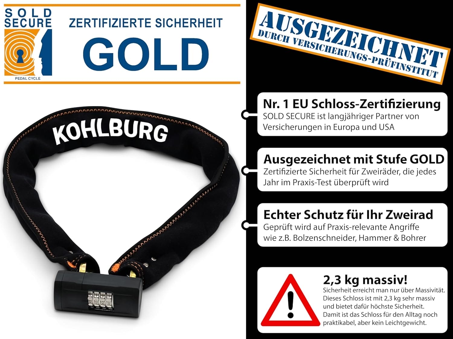 Das 110-cm-Zahlenschloss Göteborg" von KOHLBURG ist ein robustes Fahrradschloss mit deutschem Text, der auf seine hohe Sicherheit hinweist.