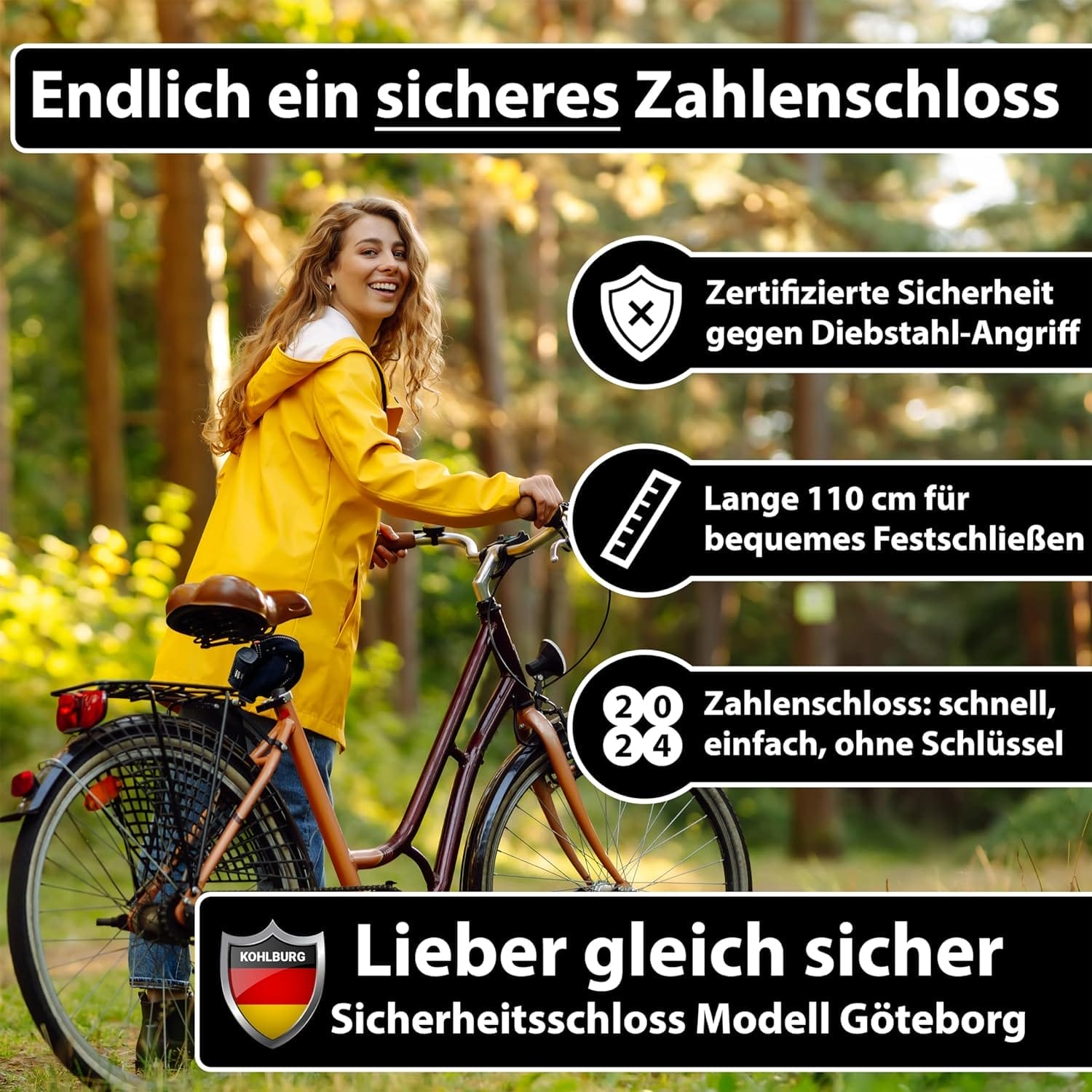 Frau in gelber Jacke schließt ihr Fahrrad im Wald mit dem massiven 110cm Zahlenschloss "Göteborg" ab - für höchste Sicherheit dank zuverlässiger Sicherheitsmerkmale.