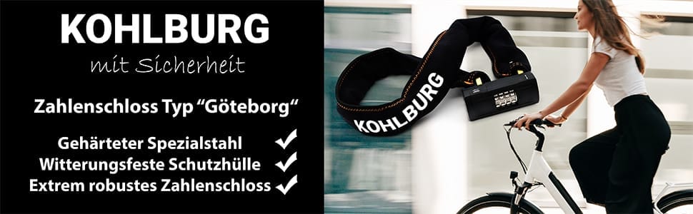 Eine Frau fährt Fahrrad, während das Massives 110cm Zahlenschloss "Göteborg", das für seine höchste Sicherheit bekannt ist, mit hervorgehobenen Funktionen gezeigt wird.