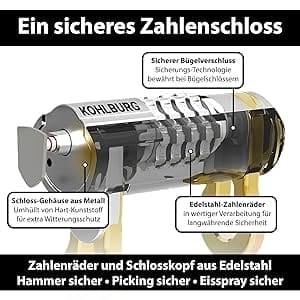 Diagramm des massiven 110cm Zahlenschlosses "Göteborg" mit höchster Sicherheit, mit beschrifteten Teilen und Funktionen auf Deutsch.