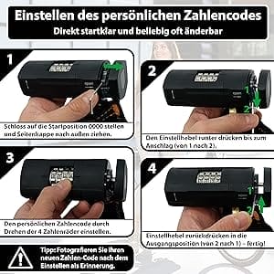 Bebilderte Anleitung auf Deutsch zur Einstellung eines persönlichen Zahlencodes für das Massive 110cm Zahlenschloss mit höchster Sicherheit "Göteborg".