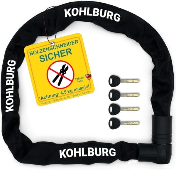 Das massive Sicherheitsschloss "Wladiwostok" von KOHLBURG ist schwarz, mit vier Schlüsseln ausgestattet und trägt ein gelbes Warnschild mit der Aufschrift "BOLZENSCHNEIDER SICHER".