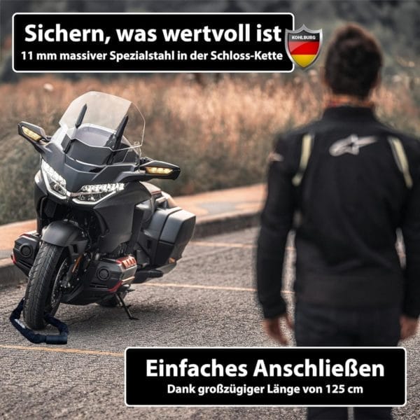 Ein Mann steht in der Nähe eines verschlossenen Motorrads. Auf dem Bild ist Werbung für die Sicherheitskette Massives Sicherheitsschloss "Wladiwostok" in deutscher Sprache eingeblendet.