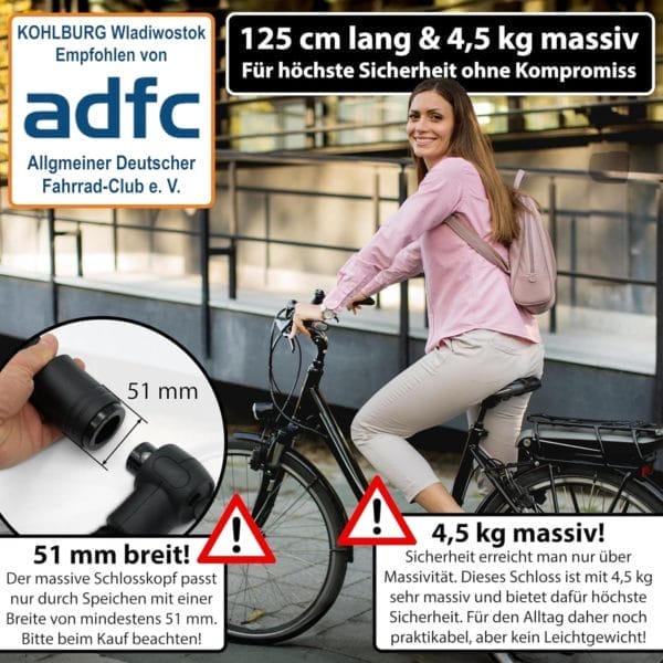 Frau in rosafarbener Jacke mit Fahrrad, die das Massive Sicherheitsschloss "Wladiwostok" in der Hand hält; der deutsche Text hebt die Merkmale dieses großen, robusten Fahrradschlosses hervor.